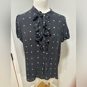Polka dot Elie Tahari button down with ruffle tie bow shirt